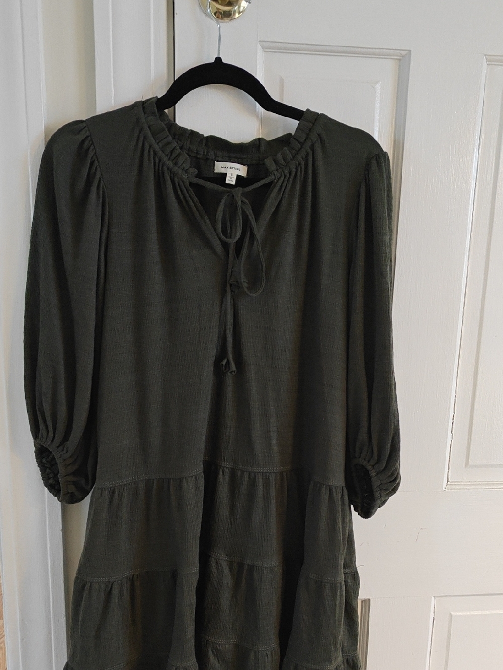 Max Studio Olive Tie-Neck Peasant Blouse